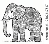 Illustration of Big Elephant Mandala coloring page outline with intricate patterns. Perfect for relaxation and creativity. High-resolution download suitable for both kids and adults.