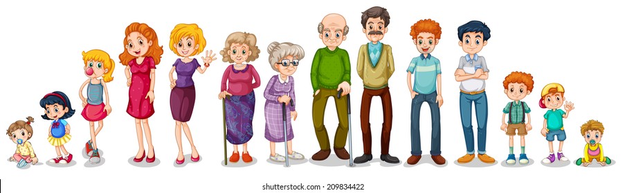 Illustration of a big extended family on a white background