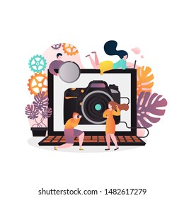 illustration of big laptop with photo camera on screen, man taking photograph of young model etc. Photo studio, professional photographer services concept for web banner, website page etc. - Powered by Shutterstock