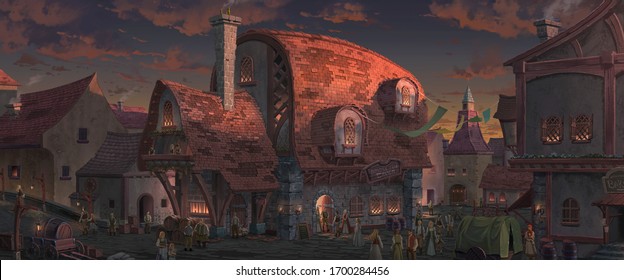 An Illustration Of The Big Medieval Fantasy Tavern In A Town With Beautiful Sunset Sky  Scenery.