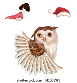 Illustration: The Big Owl  The Sleeping Girl  The Christmas Hat  Realistic Fantastic Cartoon Style Creative Illustration Resource / Elements / Assets Design 
