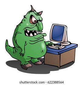 illustration of a big virus using computer on isolated white background