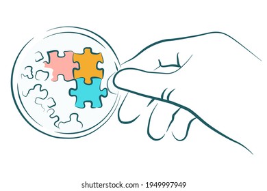 Illustration Of Biotechnology, Medical Drug Development, Hand With Puzzle On Laboratory Glass, Abstract Idea Of Biotech, Science, Medicine