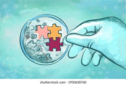 Illustration Of Biotechnology, Medical Drug Development, Hand With Puzzle On Laboratory Glass, Abstract Idea Of Biotech, Science, Medicine, Facebook  Cover