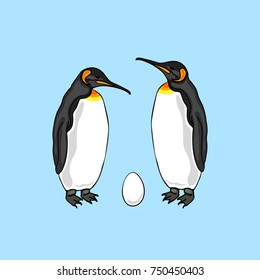 Illustration Of Bird Penguin Couple With Egg. Emperor Penguin Family