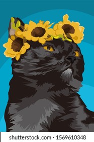 Illustration Black Cat With a Sunflower Crown