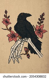 Illustration of a black crow on a bone arm with cherry blossoms adorn
