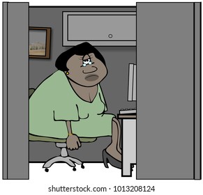 Illustration Of A Black Female Worker Sitting At A Computer In An Office Cubicle.