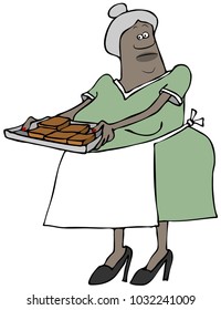 Illustration Of A Black Grandma Wearing A Dress And Apron Holding A Tray Of Chocolate Brownies.