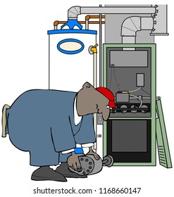 Illustration Of A Black HVAC Man Installing A Fan Motor In A Gas Furnace.