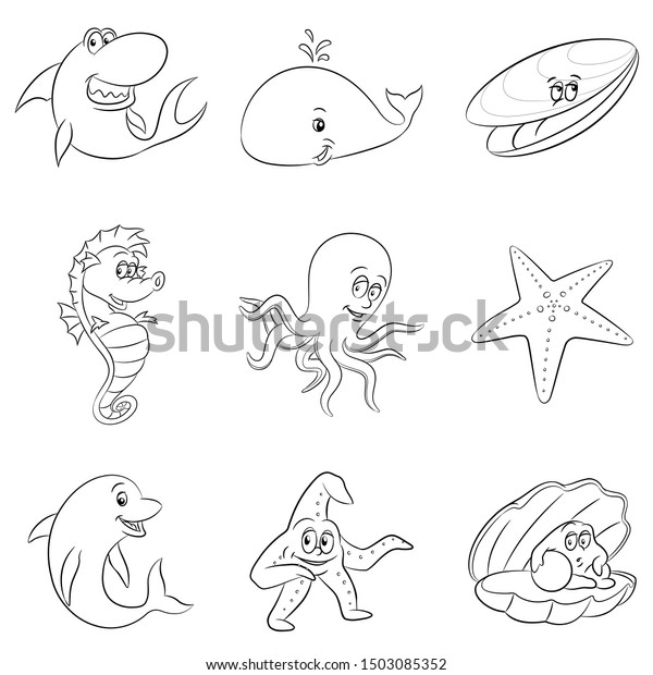 Illustration Black Line Art Sea Animals Stock Illustration 1503085352 ...