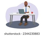 Illustration of black man, wearing business clothing sat at work desk using a laptop. JPEG isolated on white background.