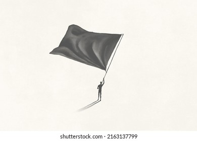 Illustration Of Black And White Man Waving Flag, Minimal Concept