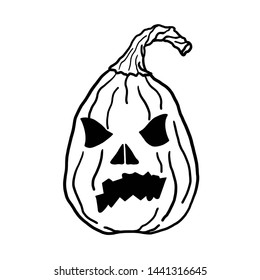 Illustration Of A Black And White Oval Scary Halloween Pumpkin With A Wry Grin On A White Background

