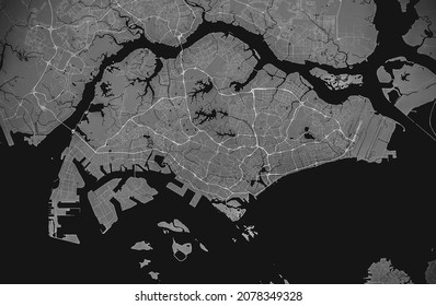 Illustration Black And White Street Map Of Singapore. It Shows The Road, The River, The Sea, And The City Of Singapore. Source Using Open Street Map Data. Suitable For Background