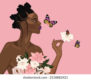 Illustration black woman flowers butterflies pink october beauty hope femininity breast cancer - Powered by Shutterstock