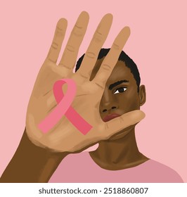 Illustration Black woman hand in close-up ribbon October pink breast cancer pink background - Powered by Shutterstock