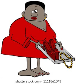 Illustration Of A Black Woman In A Red Dress Holding A Tray With Her Shoes And Necklace While Standing In An Airport TSA Line.