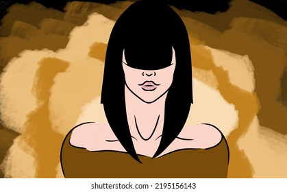 Illustration Of Black-haired Girl With Long Bangs And Abstract Background