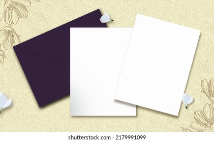 Illustration Of Blank Mockup Wedding Card Suite Template Layout Decorated With Golden Linear Floral.