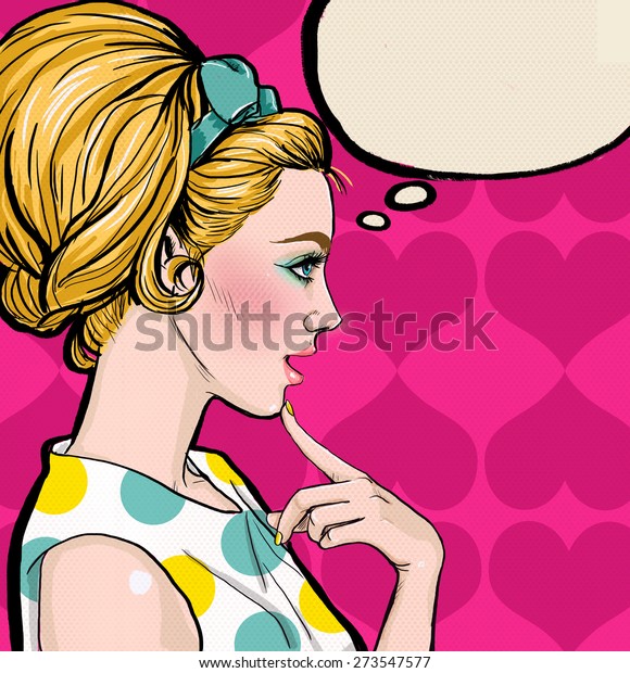 ブロンドの女性がスピーチバブルでプロフィールしているイラスト 考えるセクシーな女の子を描いたビンテージ広告ポスター のイラスト素材 273547577