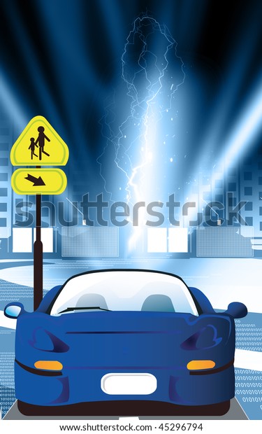 Illustration of a\
blue car near a traffic\
board	