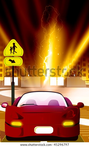 Illustration of a\
blue car near a traffic\
board	