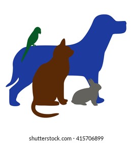 Illustration Of Blue Dog, Brown Cat, Green Bird And Grey Rabbit