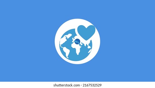 Illustration of blue earth with heart shape in white circle against blue background, copy space. World, love, international day of charity, donation, volunteer, support, awareness and celebration.