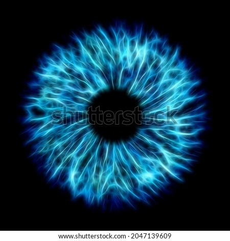 Illustration of a blue electrify human iris on black background. Digital artwork creative graphic design. Foto d'archivio © 