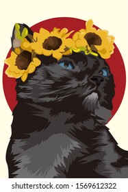 Illustration Blue Eyes Black Cat With A Sunflower Crown 