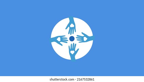 Illustration of blue hands with heart shapes in white circle over blue background, copy space. Love, international day of charity, donation, together, volunteer, support, awareness and celebration.