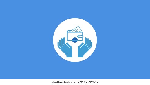 Illustration of blue hands with wallet in white circle against blue background, copy space. International day of charity, wealth, finance, donation, volunteer, support, awareness, celebration.