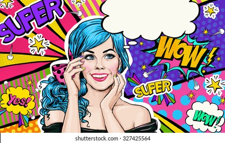  Illustration of blue head girl on Pop art  background.Romantic lady hiding her face in comic style. 