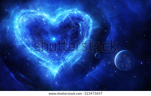 惑星と星を持つハート形の青い超新星のイラスト のイラスト素材