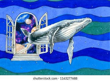 Illustration With A Blue Whale Swimming Through A Door From Space