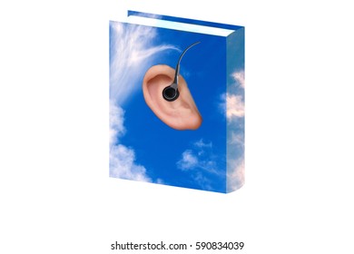 Illustration Book With Beautiful Cover Of A Clouds Image With An Ear And Headphones. Icon For Audio Book.