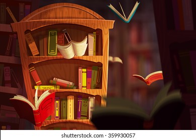 Illustration: The Book Palace. Realistic Fantastic Cartoon Style Artwork Scene, Wallpaper, Game Story Background, Card Design
