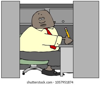 Illustration Of A Bored Black Man Sitting At His Desk In An Office Cubicle.