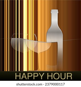 Illustration of a bottle with glasses on a colored background and text HAPPY HOUR - Powered by Shutterstock