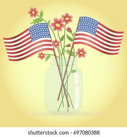 Illustration of bouquet of flowers with American flags in a jar