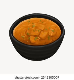 Illustration of a bowl of curry with chunks of meat and herbs on white background. The curry is rich and creamy, with a vibrant orange color, served in a black bowl. - Powered by Shutterstock