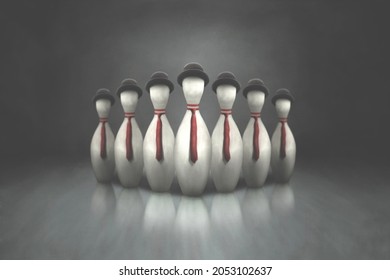 Illustration Of Bowling Human Pins In A Row, Surreal Abstract Team Business Risk Concept 