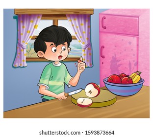 Illustration Of Boy Boy Cut Apple By Knife