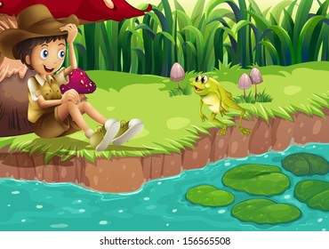 Illustration boy   frog at the riverbank
