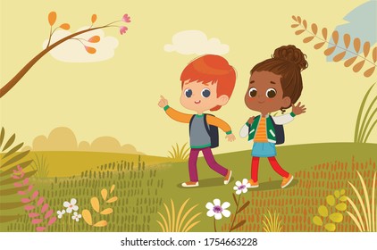 Illustration of the boy and girl with the backpack walk at Park. Two friends talk to each other, go back to school through Autumn park. Preschool kids go to school. Montessori Children - Powered by Shutterstock