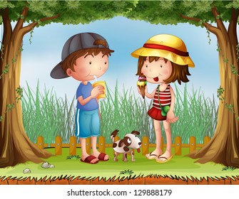 Illustration of a boy with a glass of juice and a girl with an ice cream - Powered by Shutterstock