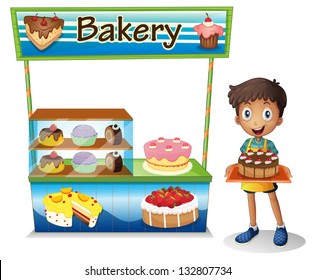 Illustration of a boy selling cakes on a white background