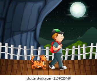 Illustration Of A Boy Walking With His Cat In The Night Landscape