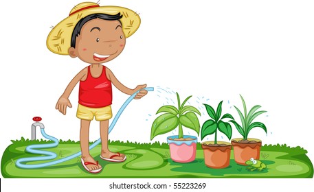 Illustration of a boy watering plants on white background